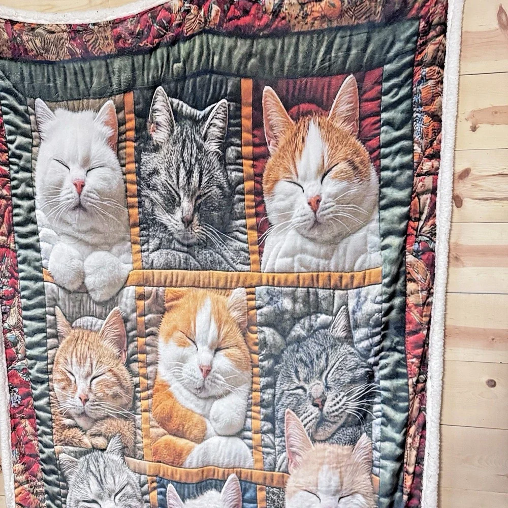 Sleeping‎ Cats Sherpa Fleece Blanket Patchwork Kitten Print Oversized Cozy Throw